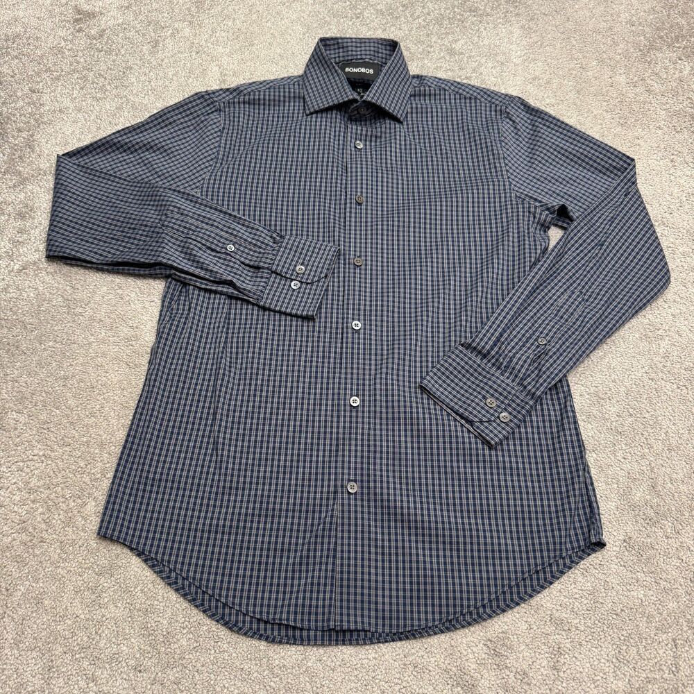 Bonobos Slim Fit Blue Plaid Check Long Sleeve Tech Dress Shirt Mens 15.5 35 Work